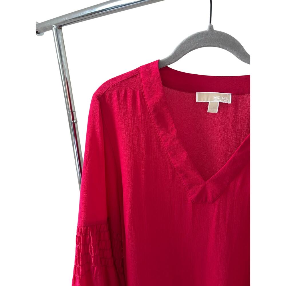 Michael Michael Kors Red V-Neck Blouse Womens Large Long Sleeve Smocked Sleeve - Picture 4 of 10